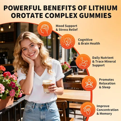 Miniatura 2 de Orotate de litio 5mg 10mg Gummies Suplementos de litio con vitamina B, magnesio y selenio para apoyo del estado de ánimo, alivio del estrés, salud