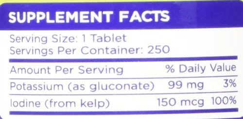 Miniatura 8 de Suplemento de apoyo con gluconato de potasio con yodo Kelp, de 250 comprimidos, 0,003 oz por tableta con 0,000005 oz de yodo, para la presión