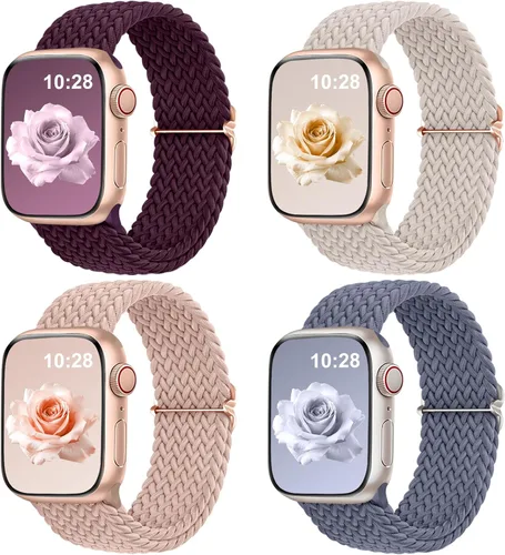 Miniatura 15 de DaQin Paquete de 4 correas elásticas trenzadas Solo Loop para Apple Watch para mujeres y hombres, de 1.575 pulgadas, 1.614 pulgadas, 1.654 pulgadas