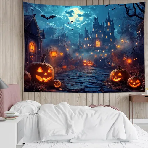 Miniatura 12 de HVEST Tapiz de noche de Halloween, tapiz para colgar en la pared, bosque embrujado con tumba y calabazas, manta de pared para dormitorio, sala