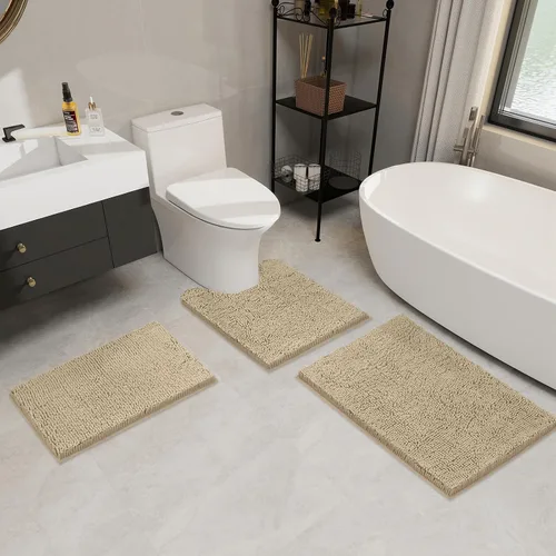 Miniatura 2 de LINLA Juego de 3 alfombras de baño de felpilla absorbente antideslizante, juego de alfombras de felpilla de felpa gruesa, se pueden lavar y secar