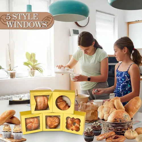 Miniatura 5 de KPOSIYA 65 cajas de panadería con ventana de 6 x 6 x 3 pulgadas, cajas de galletas de 5 estilos, cajas pequeñas de pastelería para dulces, postres