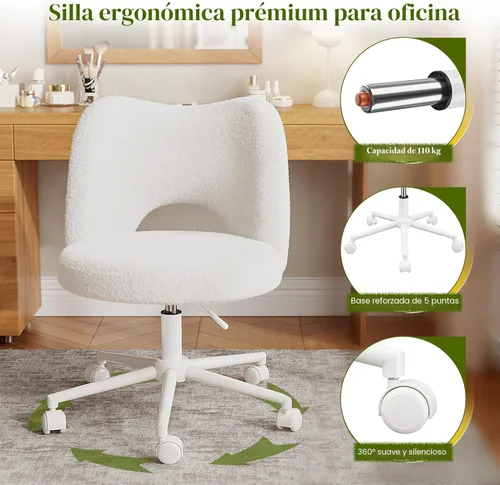 Miniatura 8 de DurayLoly Silla de Tocador con Ruedas Sin Brazos, Silla de Tocador Blanca con Respaldo, Silla de Escritorio Ultra-Suave de Felpa Linda, Silla