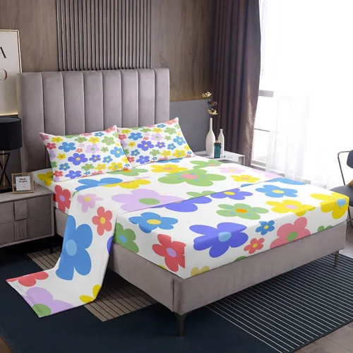 Bonito juego de sábanas de flores para niñas y mujeres, sábanas coloridas de dibujos animados de flores funky de tamaño individual, bonito juego de