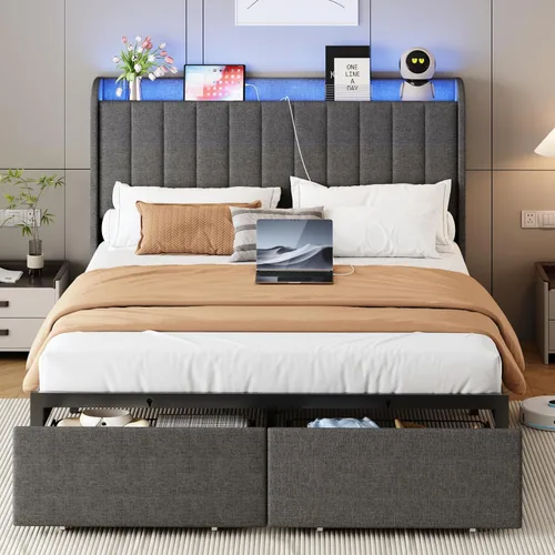 Miniatura 8 de Base de cama tamaño queen con cabecera de almacenamiento y 2 cajones, base de cama tapizada con luces LED y práctica estación de carga, no necesita