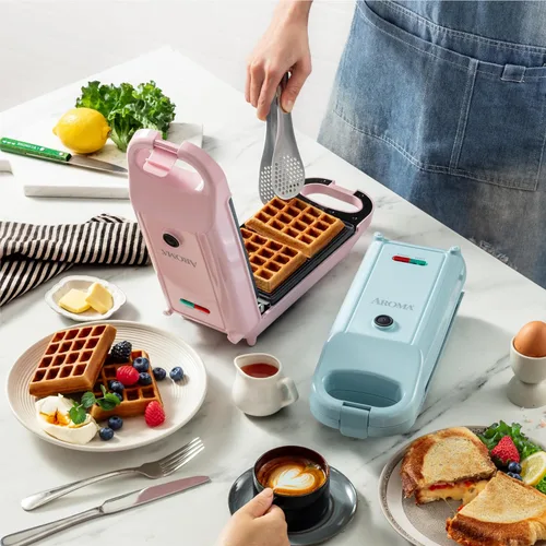 Miniatura 6 de AROMA Máquina de gofres intercambiable y abatible con platos extraíbles: prensa Panini 3 en 1, mini máquina de donas y plancha para gofres