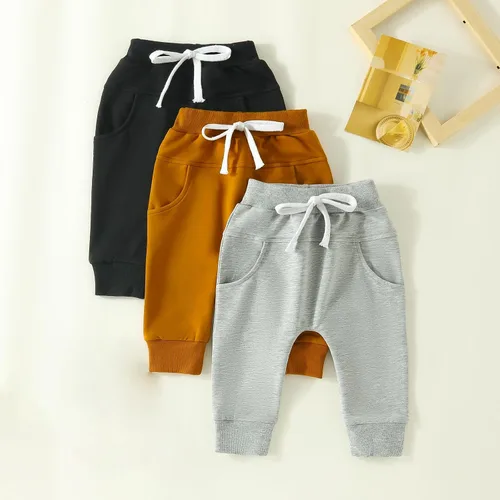 Miniatura 2 de Pantalones de otoño para bebé, paquete de 3 unidades, pantalones deportivos casuales de color sólido, con bolsillo y cintura elástica, pantalones