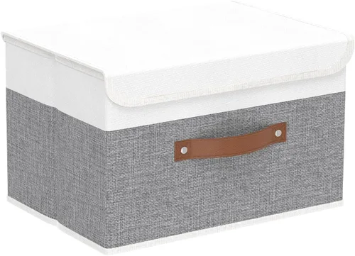 Miniatura 14 de Yawinhe SNK024BEN-1 Cajas de almacenamiento plegables, cestas apilables de tela de lino, contenedor con tapa y asa de cuero, lavable, para el hogar