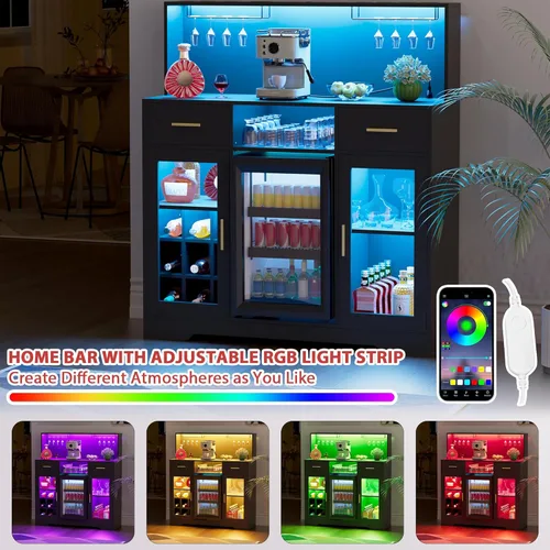 Miniatura 5 de Mini gabinete de nevera con almacenamiento, gabinetes de bar de vinos para el hogar con luz LED y toma de corriente, gabinete de barra de café