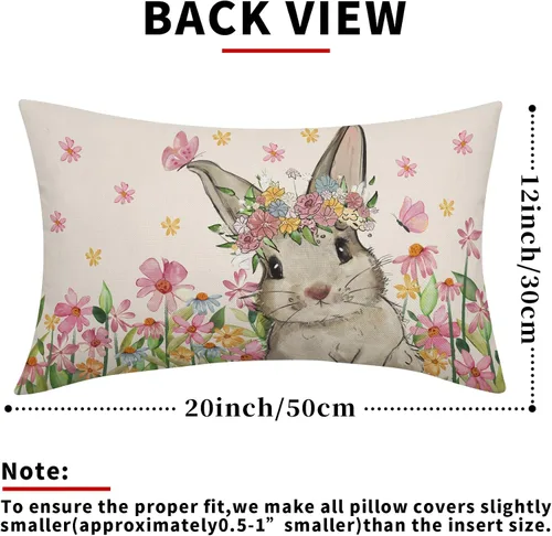 Miniatura 4 de Juego de 2 fundas de almohada de primavera de 12 x 20 pulgadas, diseño floral de conejo, conejo, floral, decorativas, lumbar, para sofá o cama