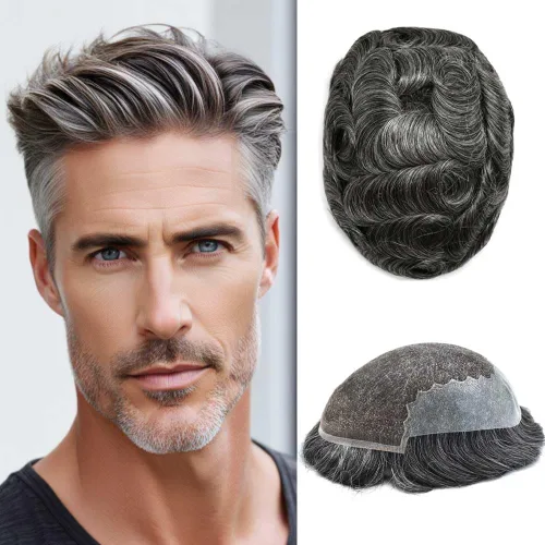 Miniatura 25 de Mens Toupee Human Hair Replacement System Swiss Lace Toupee For Men Hair Piece Protesis Capilar Mens Hairpiece 5X7#1 Jet Black 120% Density