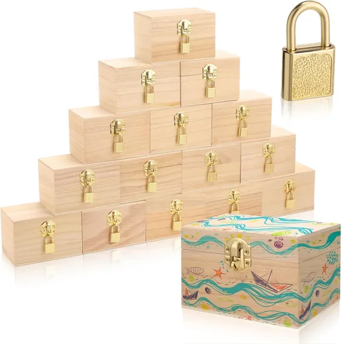 Miniatura 8 de CroBlissful Juego de 12 cajas de madera sin terminar de 24 piezas con tapas con bisagras y mini candados con llaves, caja de madera sin terminar