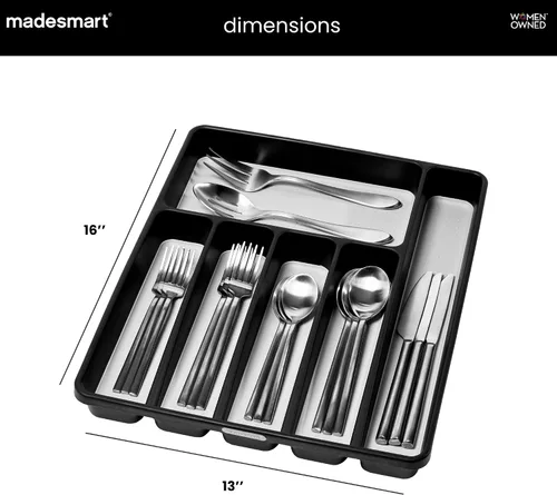 Miniatura 5 de madesmart Bandeja grande de cubiertos, organizador de cubiertos de 6 compartimentos para tenedores, cuchillos y cucharas, antideslizante, forro
