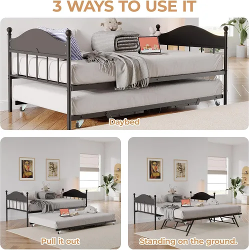 Miniatura 4 de IDEALHOUSE Sofá cama individual de metal con nido desplegable, cama de plataforma de listones de acero resistente con cabecera elegante, marco