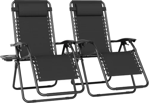Miniatura 10 de Juego de 2 sillas reclinables ajustables de gravedad cero para exteriores, con bandeja portavasos, almohadas extraíbles, silla reclinable ergonómica