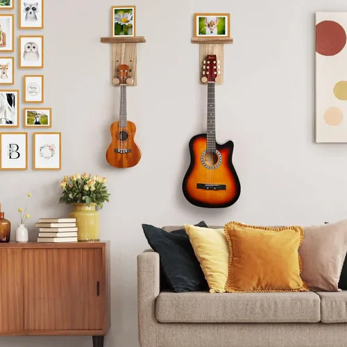 Miniatura 5 de Keebofly 2 unidades de colgador de pared para guitarra con estante de madera y soporte para púa para guitarra acústica, eléctrica, ukelele, bajo