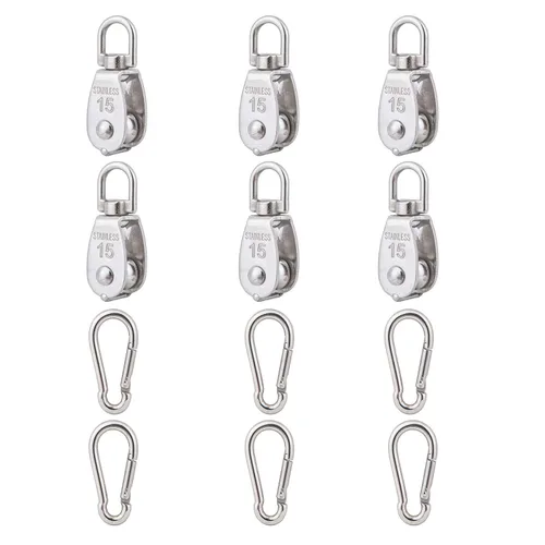 Miniatura 12 de 2 piezas de bloque de polea individual M32 de acero inoxidable 304, rueda de remolque de alambre para colgar, con 2 piezas de gancho de resorte