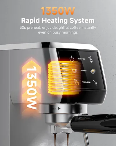 Miniatura 5 de AMZCHEF Máquina de café expreso de 20 bares: cafetera profesional con espumador de leche, temperatura y presión ajustables, cafetera compacta