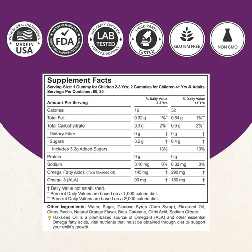 Miniatura 5 de NuBest Gomitas de Omega 3 para niños y adolescentes con aceite de linaza Apoya el crecimiento cerebral, claridad mental, enfoque y salud ocular