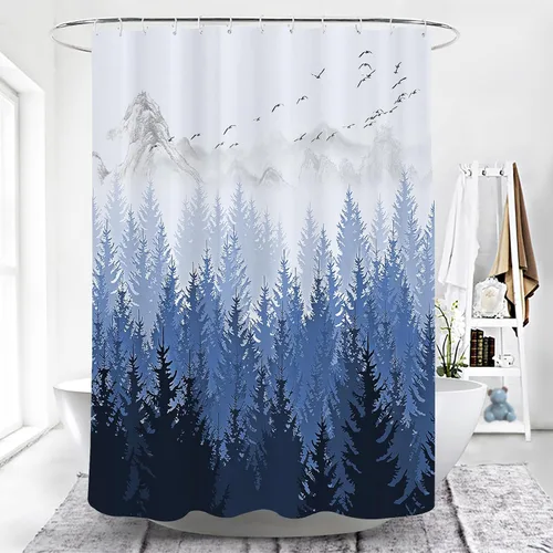Miniatura 4 de SPXUBZ - Cortina de ducha azul con diseño de bosque, invierno navideño, montaña con niebla, naturaleza, impermeable, decoración de baño, tela
