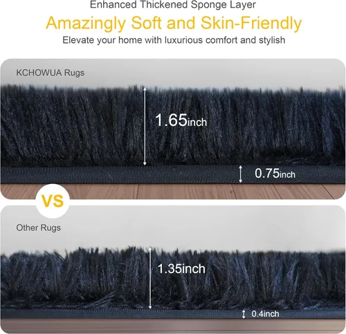 Miniatura 2 de KICHOWUA - Tapete grueso y esponjoso de 3 x 5 pies, color negro, ultrasuave, lavable, antideslizante, acogedor y peludo, para sala, dormitorio