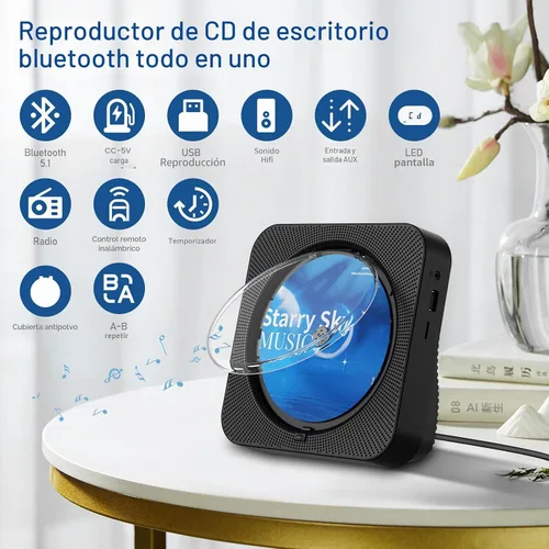 Miniatura 6 de Reproductor de CD portátil Bluetooth 5.1 reproductor de CD de escritorio con altavoces de sonido de alta fidelidad, control remoto, cubierta Negro