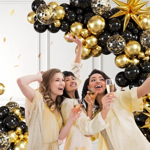 Miniatura 2 de Kit de Arco de Guirnalda de Globos Negros y Dorados, 140 Piezas de Globos de Confeti Negros y Dorados con Estrellas para Cumpleaños, Graduación, Año