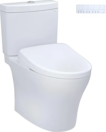 TOTO® WASHLET®+ Aquia® IV - Inodoro alargado de dos piezas con GPF 1.28 y 0.9 GPF con asiento de bidé contemporáneo S7, algodón blanco -