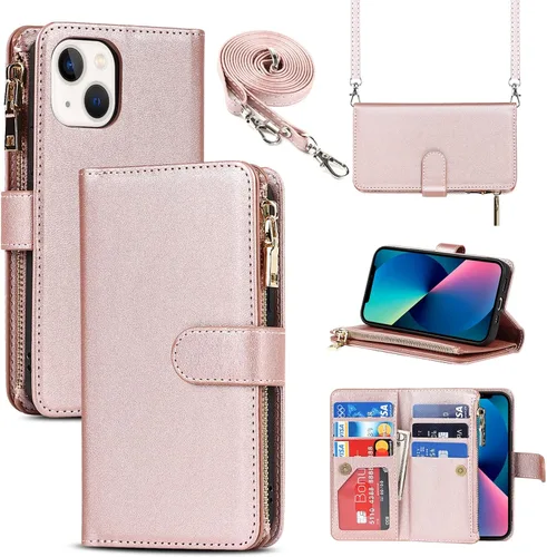 Miniatura 11 de Funda Cartera para iPhone 13/14 con Tarjetero, Funda Cruzada con Correa para el Hombro, Bolsillo con Cremallera Cartera de Cuero PU para iPhone 13