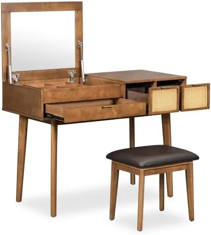 Miniatura 8 de Escritorio de tocador de 43.3 pulgadas con espejo abatible y taburete, moderno juego de mesa de maquillaje con 3 cajones, juego de tocador