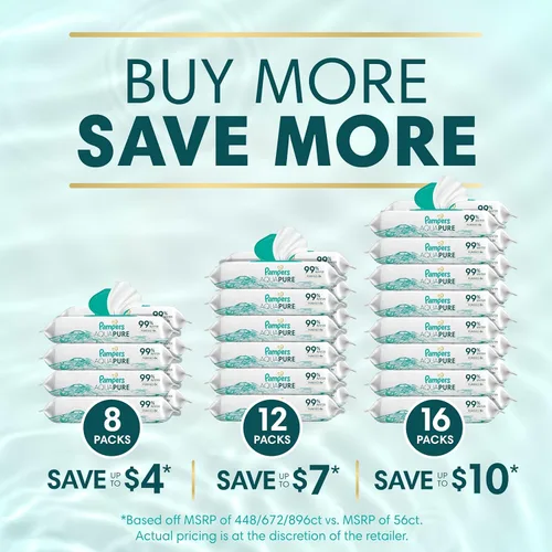 Miniatura 13 de Pampers Aqua Pure Toallitas para bebé, 99% agua, sin fragancia, 336 toallitas para bebé en total (6 paquetes con tapa de apertura)