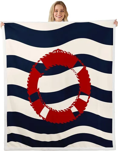 Swim Ring Flannel Blanket All Seasons,Nautical Theme Bed Blanket for Kawaii Home Decor,Navy Blue Stripes Blanket for Kids Girls Sofa Couch,40"x50"