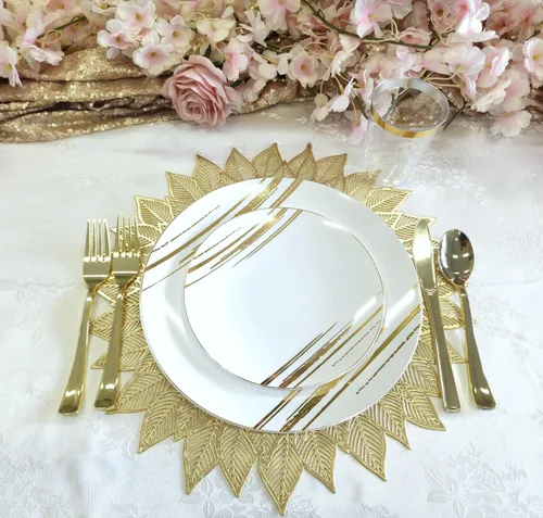 Miniatura 4 de Paquete de 10 manteles individuales metálicos de vinilo prensado/mantel individual decorativo de boda (Dhalia-dorado mate)