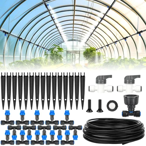 Sistema de riego por goteo de niebla de 59 pies, sistema automático de riego de jardín con boquilla atomizadora ajustable, tubo de distribución en