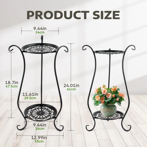 Miniatura 3 de Soporte para plantas de metal resistente de 2 niveles Soporte redondo para plantas en maceta para interiores y exteriores, estante de exhibición