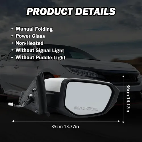 Miniatura 8 de Espejo lateral del pasajero compatible con Honda Civic Coupe Sedan Hatchback 2016, 2017, 2018, 2019, 2020, 2021, espejo con cristal eléctrico, sin