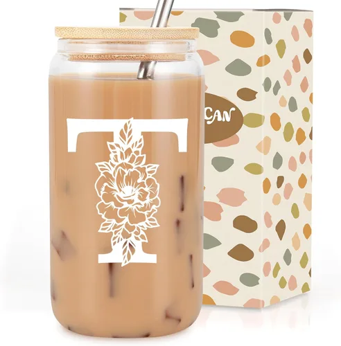 Coolife Vaso de vidrio con inicial, regalos con monograma para mujeres, tazas de vidrio de 16 onzas con tapas y pajitas, vaso de cerveza para batido
