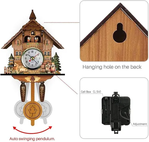 Miniatura 5 de FitBest Reloj de cuco tradicional de madera hecho a mano con pájaros, funciona con pilas, reloj de cuarzo de péndulo de pared para decoración