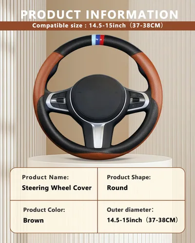 Miniatura 7 de Funda para volante de cuero para BMW, fundas universales para volante de automóvil para coche, SUV, camión con forro antideslizante de 14.5-15 Marrón