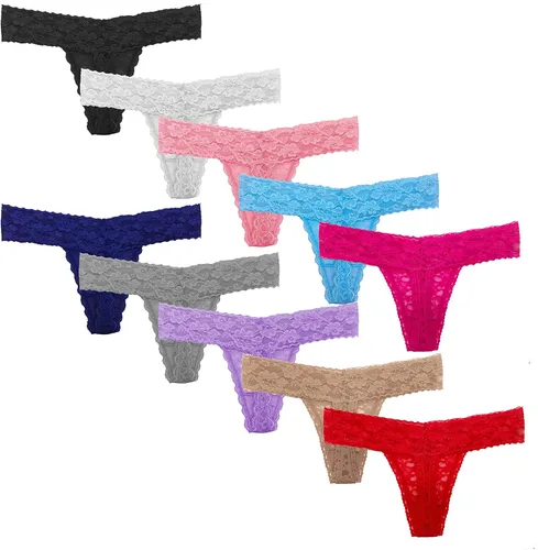 Pmrxi - Paquete de 10 tangas de encaje para mujer, de algodón, de diferentes tipos de encaje y colores