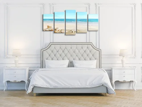 Miniatura 5 de Pyradecor, paisaje de playa en 5 paneles, lienzo Giclee de paisaje marino, impreso en lienzo moderno, tensado y encuadrado, arte para pared