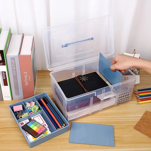 Miniatura 3 de BTSKY - Caja de almacenamiento de 2 capas de plástico transparente con bandeja extraíble, caja organizadora multiuso para papelería con asa, caja