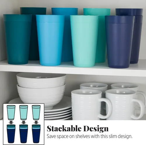 Miniatura 6 de US Acrylic Newport Vasos de Agua Apilables de Plástico Irrompible de 20 Onzas en 4 Colores Costeros Juego de 12 Vasos para Beber Reutilizables