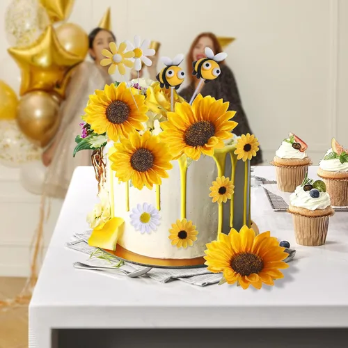 Miniatura 2 de RAYNAG 44 decoraciones para pasteles de abeja y girasol, juego de adornos de pastel de abeja de girasol para decoraciones de fiesta de cumpleaños