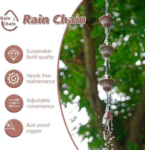 Miniatura 3 de Cadena de lluvia para canalones, cadenas de lluvia de 8.7 pies con 12 tazas y decoración de colibrí desmontable, cadena de captura de lluvia Colibrí