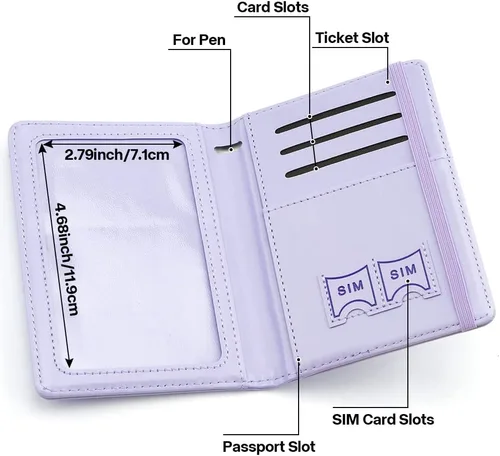Miniatura 5 de Soporte para pasaporte y tarjetero de vacuna, cartera para pasaporte, funda para pasaporte con bloqueo RFID, Púrpura, Compacto
