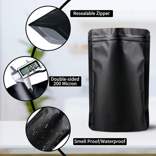 Miniatura 3 de 100 paquetes de bolsas de mylar a prueba de olores resellables, bolsas de pie negras con sello de aluminio para embalaje, 3.9×5.9 pulgadas