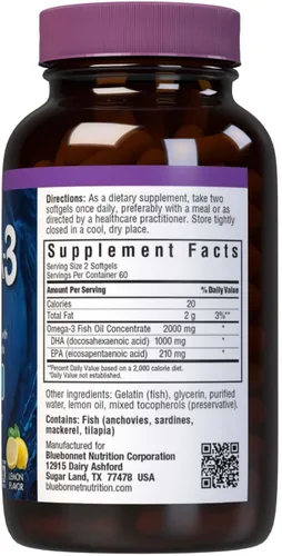 Miniatura 6 de BlueBonnet Nutrition Omega-3 Brain Formula Natural Wild Caught Triglicérido Forma DHA 1000 mg EPA 210 mg, suplemento de apoyo cognitivo altamente