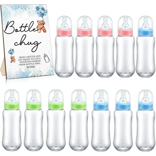 Roowest Bottle Chug Baby Shower Game Favors 12 piezas de botellas de baby shower con 1 letrero de madera para revelación de género, suministros de