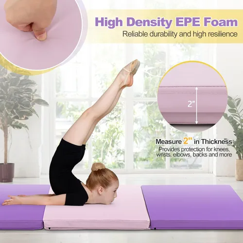 Miniatura 3 de Goplus Esterilla de Gimnasia Plegable, 6' x 2' x 2'' de Grosor Tri-Fold Esterilla de Ejercicio y Volteretas con Asas de Transporte, Cierre de Gancho